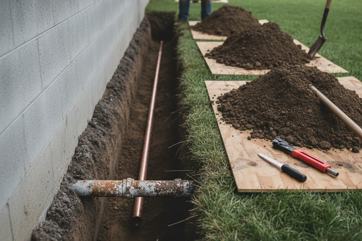 Excavated water line trench during Sewer Line Repair in Tickfaw